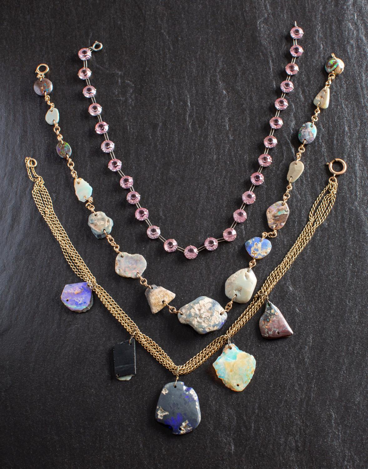 Three gemset necklaces, including a pink paste necklace, length ca.