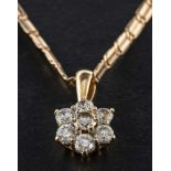 A 9ct gold CZ cluster pendant and fancy-link chain, both with partial hallmarks for Birmingham,