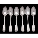 A set of six William IV provincial silver Fiddle pattern dessert spoons, maker George Ferris,