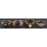 Four 9ct gold, gemset rings,