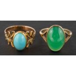 Two gemset rings, including a 9ct gold, oval, cabochon-cut chrysoprase ring, length of ring head ca.