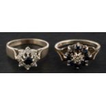 Two sapphire and diamond cluster rings, including a 9ct gold, sapphire and single-cut diamond ring,
