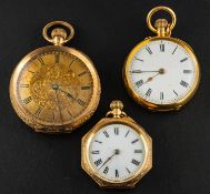 Three pocket watches, including one with white enamel dial with black Roman numerals,