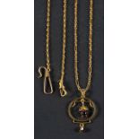 An amethyst pendant, a figaro-link chain and a link and bar watch chain with dog clip, the pendant,