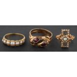 Three rings, including a 9ct gold, garnet double ouroboros ring, with hallmarks for Birmingham 1906,