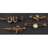 Four bar brooches, including a Victorian, 9ct gold riding crop and double horseshoe bar brooch,