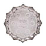 A Victorian silver salver, maker Thomas Smily, London, 1858 inscribed, of circular outline,
