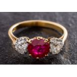 A ruby and old-cut diamond three-stone ring, estimated ruby weight ca. 1.