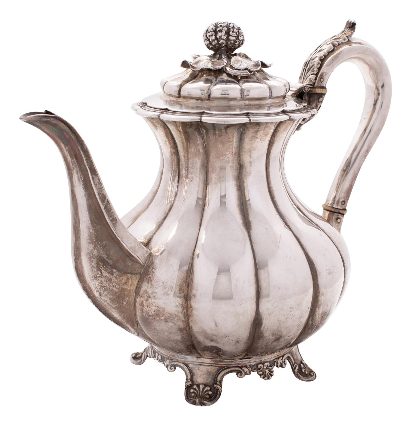 A George IV silver teapot, maker Rebecca Emes & Edward Barnard I, London, 1827 crested,