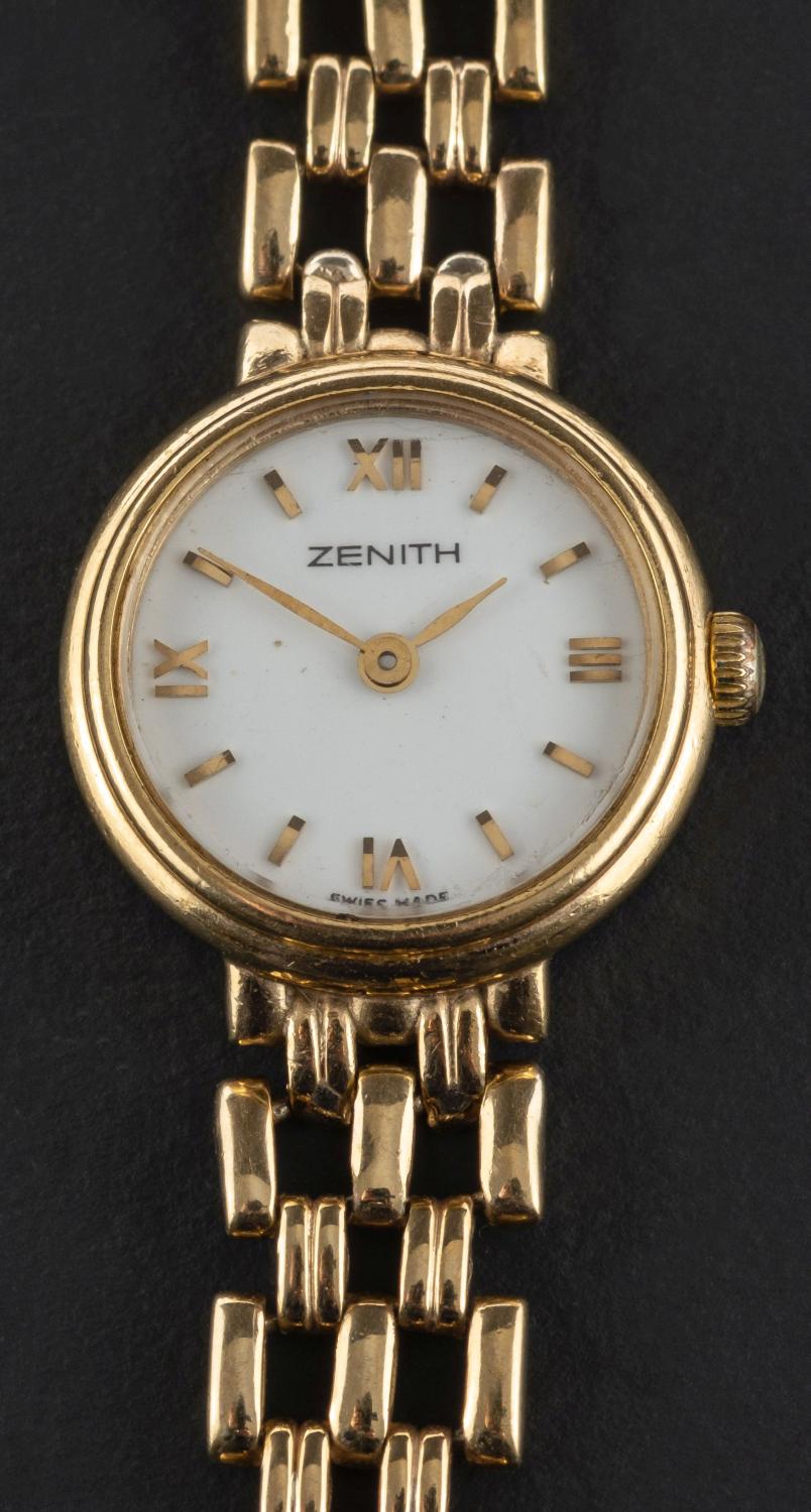 A Zenith wristwatch, the circular white enamel dial with Roman numerals,