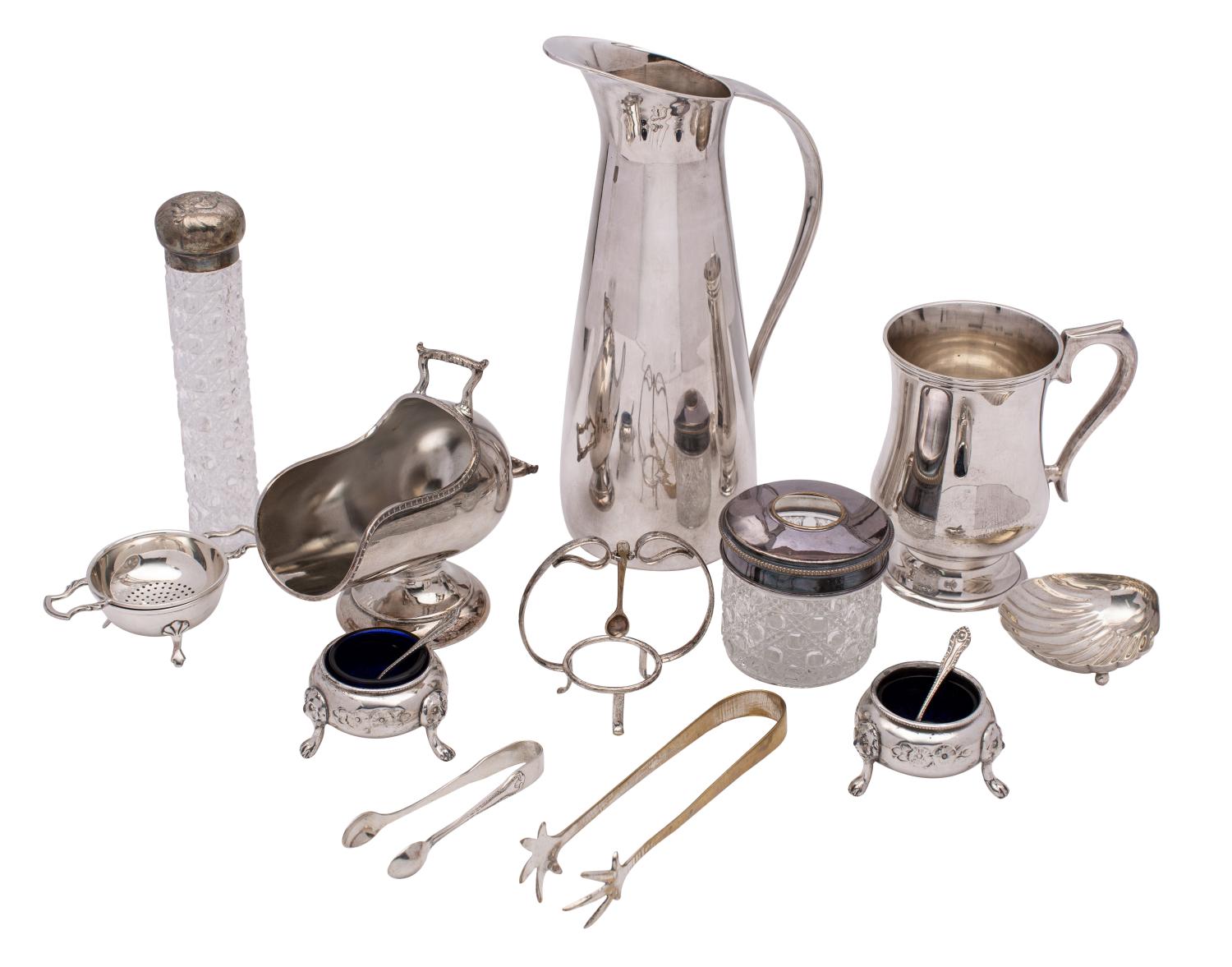 A collection of assorted plated wares includes, water jug, mug, a pair of cauldron salts,