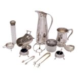 A collection of assorted plated wares includes, water jug, mug, a pair of cauldron salts,