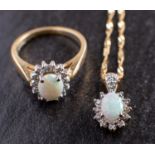 An oval, cabochon-cut opal and diamond cluster pendant and ring, the pendant and ring stamped '14K',