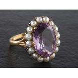 A 9ct gold, amethyst and cultured pearl cluster ring, estimated amethyst weight ca. 6.
