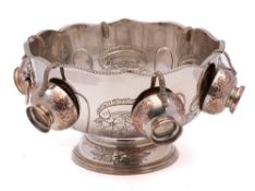 A 20th century silver plated pedestal punch bowl of circular outline with gadrooned border,