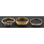 Three diamond rings, including an 18ct gold, single-cut diamond, five- stone ring,