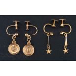 Two pairs of drop earrings, a pair of 9ct gold earrings with circular pendants,
