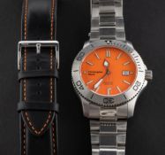 Christopher Ward stainless-steel C60 Trident sports watch the round orange dial with rotating bezel,