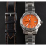 Christopher Ward stainless-steel C60 Trident sports watch the round orange dial with rotating bezel,