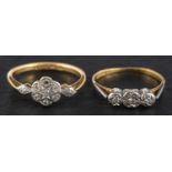A single-cut diamond cluster and three-stone ring, both stamped '18CT' and 'PLAT',