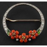 A coral, peridot, probably citrine, single and round brilliant-cut diamond wreath brooch,