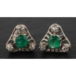 A pair of round, mixed-cut emerald and single-cut diamond ear studs,