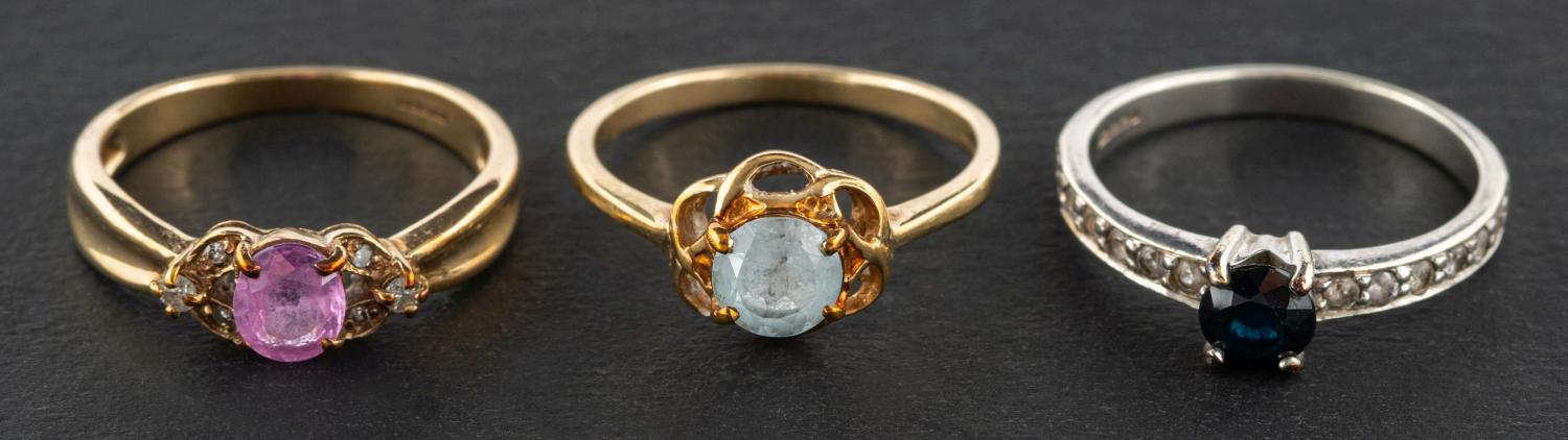 Three 9ct gold, gemset, single-stone rings, including a sapphire ring, estimated sapphire weight ca.