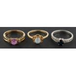 Three 9ct gold, gemset, single-stone rings, including a sapphire ring, estimated sapphire weight ca.