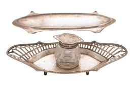 A George V silver pen tray, maker's mark worn, Birmingham, 1912 of oval outline, 23cm wide,