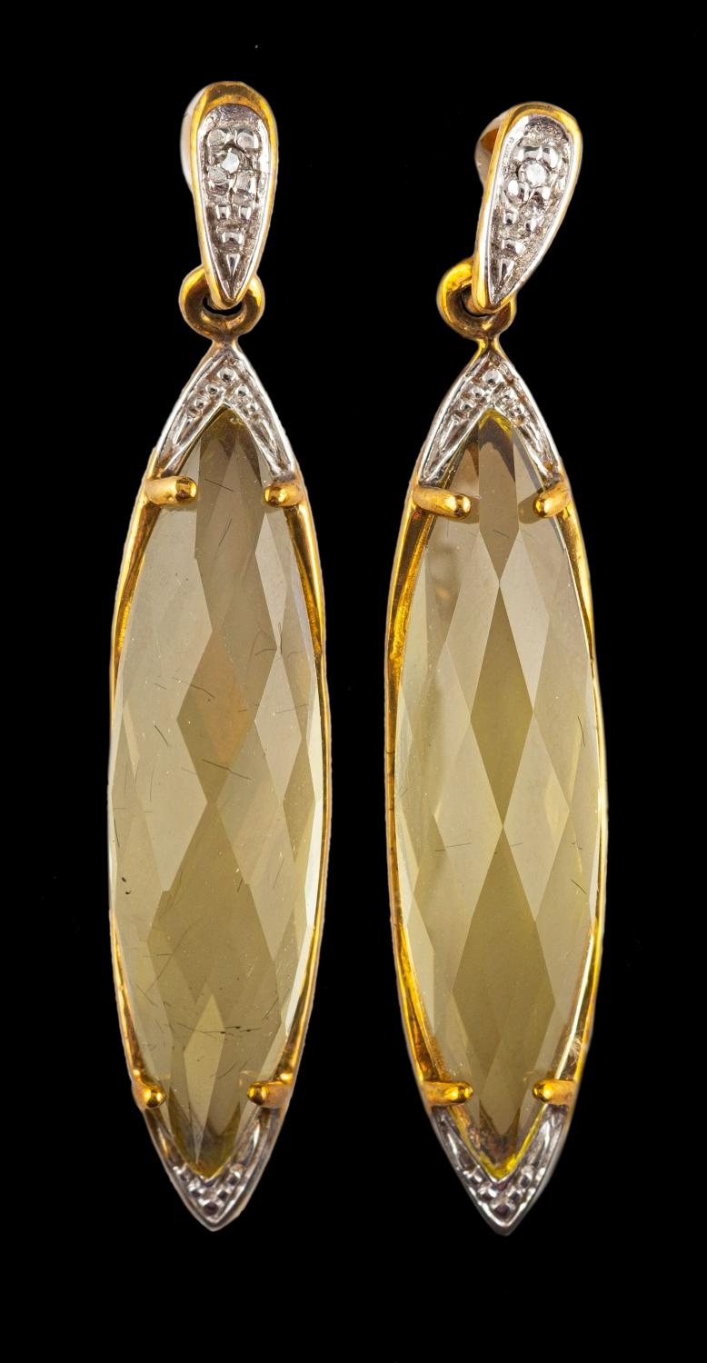 A pair of 9ct gold chequerboard-cut prasolite and single-cut diamond drop earrings,