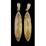 A pair of 9ct gold chequerboard-cut prasolite and single-cut diamond drop earrings,