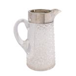 A clear glass and silver plate mounted cordial jug of cylindrical tapering form,