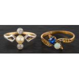 Two gemset rings, including an old-cut diamond and pearl three-stone ring,