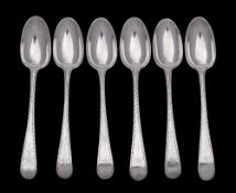 Six late 18th/early 19th century silver Old English pattern teaspoons, all marks worn initialled,