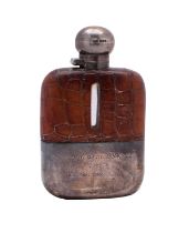 A silver mounted and leather bound mounted hip flask, maker James Dixon & Sons Ltd, Sheffield,