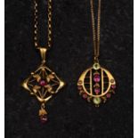 Two gemset, openwork pendants, including a ruby, peridot and seed pearl pendant,