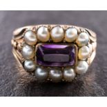 A Georgian amethyst and seed pearl sentimental ring, inscription to verso 'Token of Esteem',