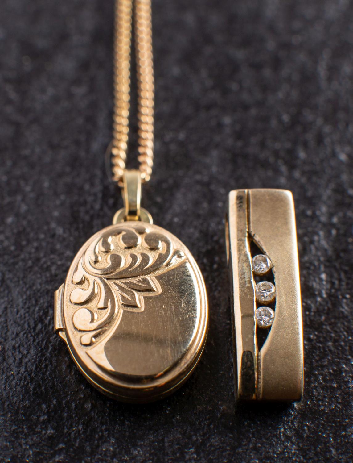 Two pendants, including a 9ct gold, oval locket pendant and a diamond set pendant, stamped '9K',