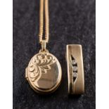 Two pendants, including a 9ct gold, oval locket pendant and a diamond set pendant, stamped '9K',