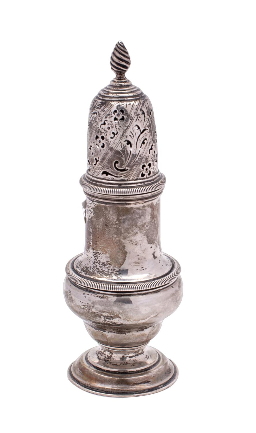 A George V silver sugar caster, maker's mark worn, Birmingham, 1924 of baluster form,