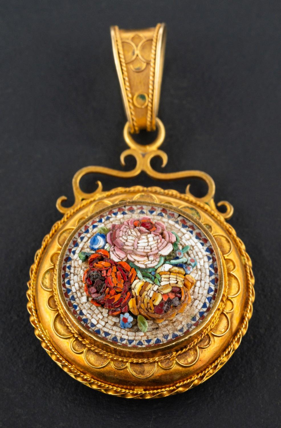 An Etruscan Revival micro-mosaic pendant, depicting a bouquet of flowers,