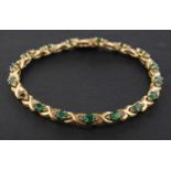 An oval, mixed-cut emerald and single-cut diamond, 'X'-link bracelet,