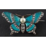 A Victorian, rose-cut diamond, pearl and blue enamel butterfly brooch,