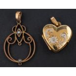 Two pendants, including a 9ct gold, bi-colour, heart-shaped locket with import marks for Birmingham,