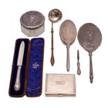 A mixed collection of silver wares, various makers and dates, includes hand mirror, hair brush,