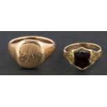 Two signet rings, including a 9ct gold signet ring with indistinct engraved initials,