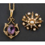 A seed pearl, star burst brooch and an amethyst and seed pearl openwork pendant,
