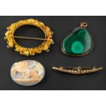 A pendant and two brooches, including an old-cut diamond and seed pearl crescent brooch, length ca.