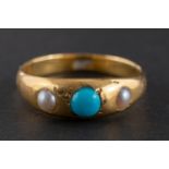 A turquoise and pearl, three-stone ring, stamped '18CT', length of ring head ca. 1.