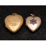 Two heart-shaped locket pendants, including one with engraved floral decoration, stamped '9CT',